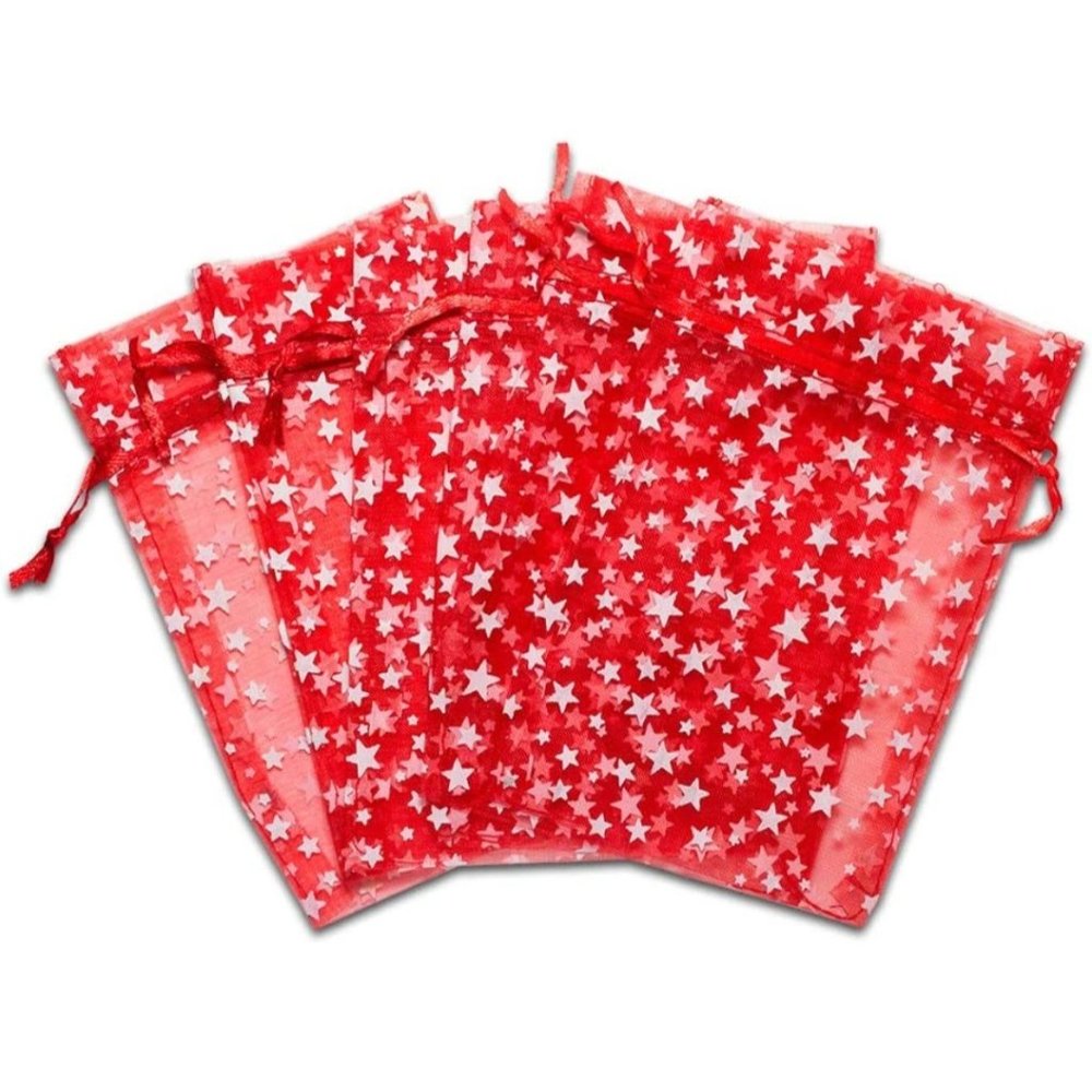 20 Red 4x6 Sheer Organza Drawstring Gift Bags - white stars